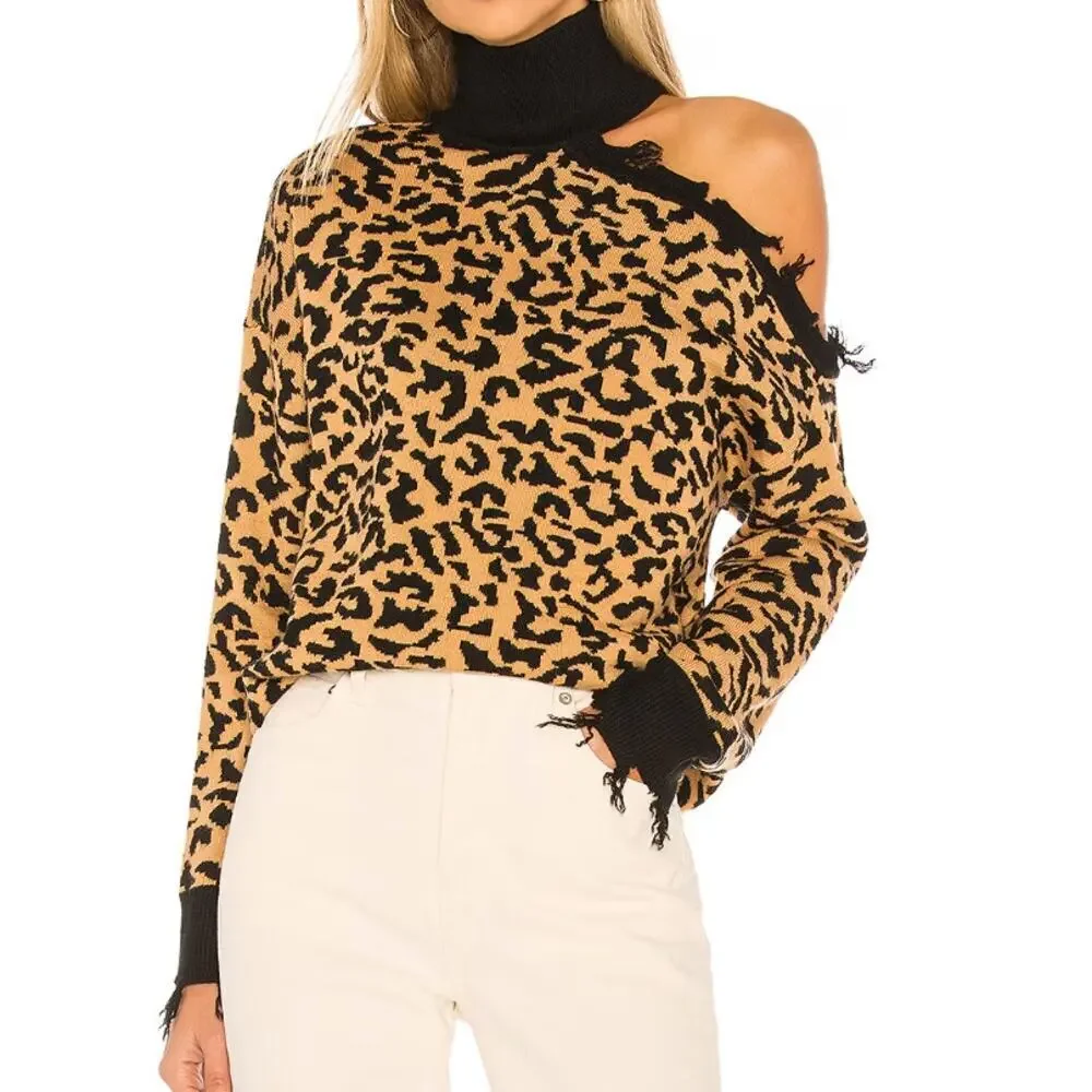 LOVERS+FRIENDS LEOPARD‎ PRINT ARLINGTON ONE SHOULDER  SWEATER SIZE S